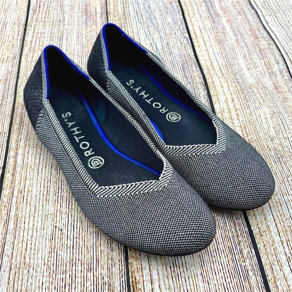 Rothy's Black & White Knit Ballet Flats with Blue Trim